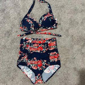 Retro Pink Blue Floral Halter High Waist Bikini Set Halter
